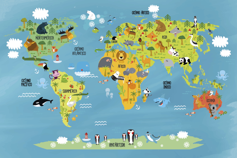 Tapis Vinyle Enfants Carte Du Monde Animal - Tenstickers dedans Carte Du Monde Pour Enfant