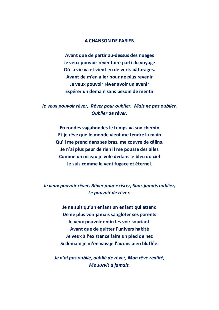 Texte+La+Chanson+De+Fabienpressed Par Savoie - Fichier Pdf intérieur Chanson Sur Le Reve