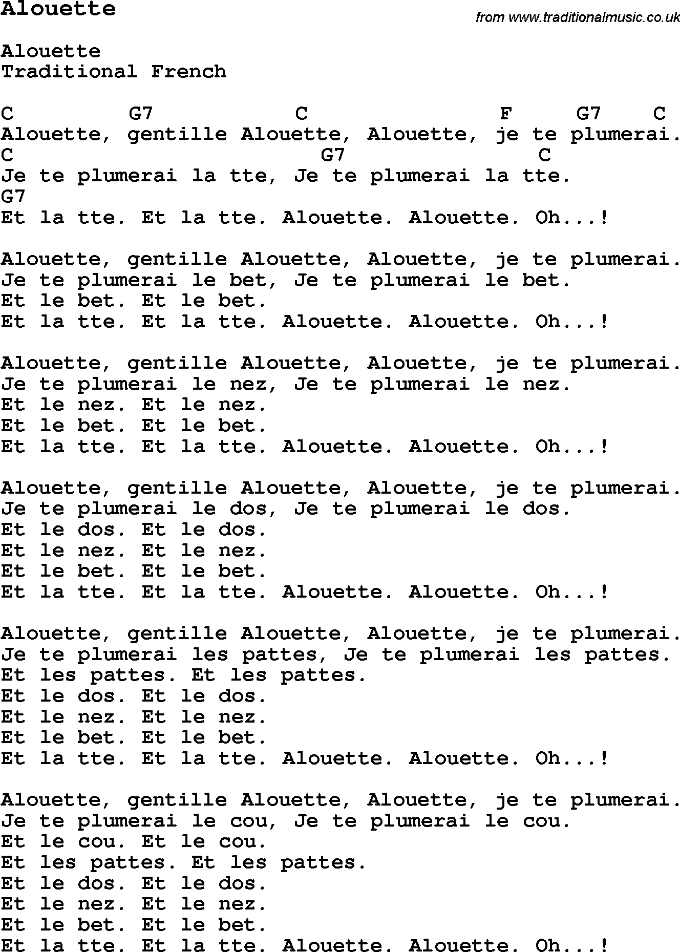 Traditional Song Alouette With Chords, Tabs And Lyrics destiné Chanson Alouette