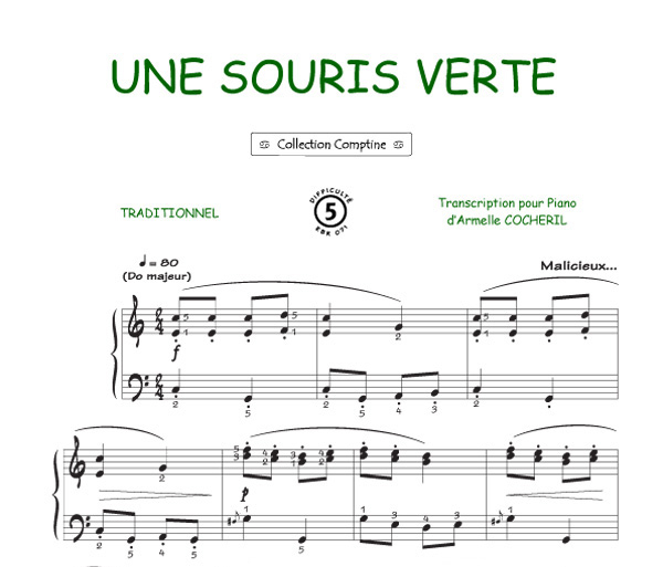 Une Souris Verte (Comptine) - Piano, Voix, Accords destiné Chanson De Une Souris Verte