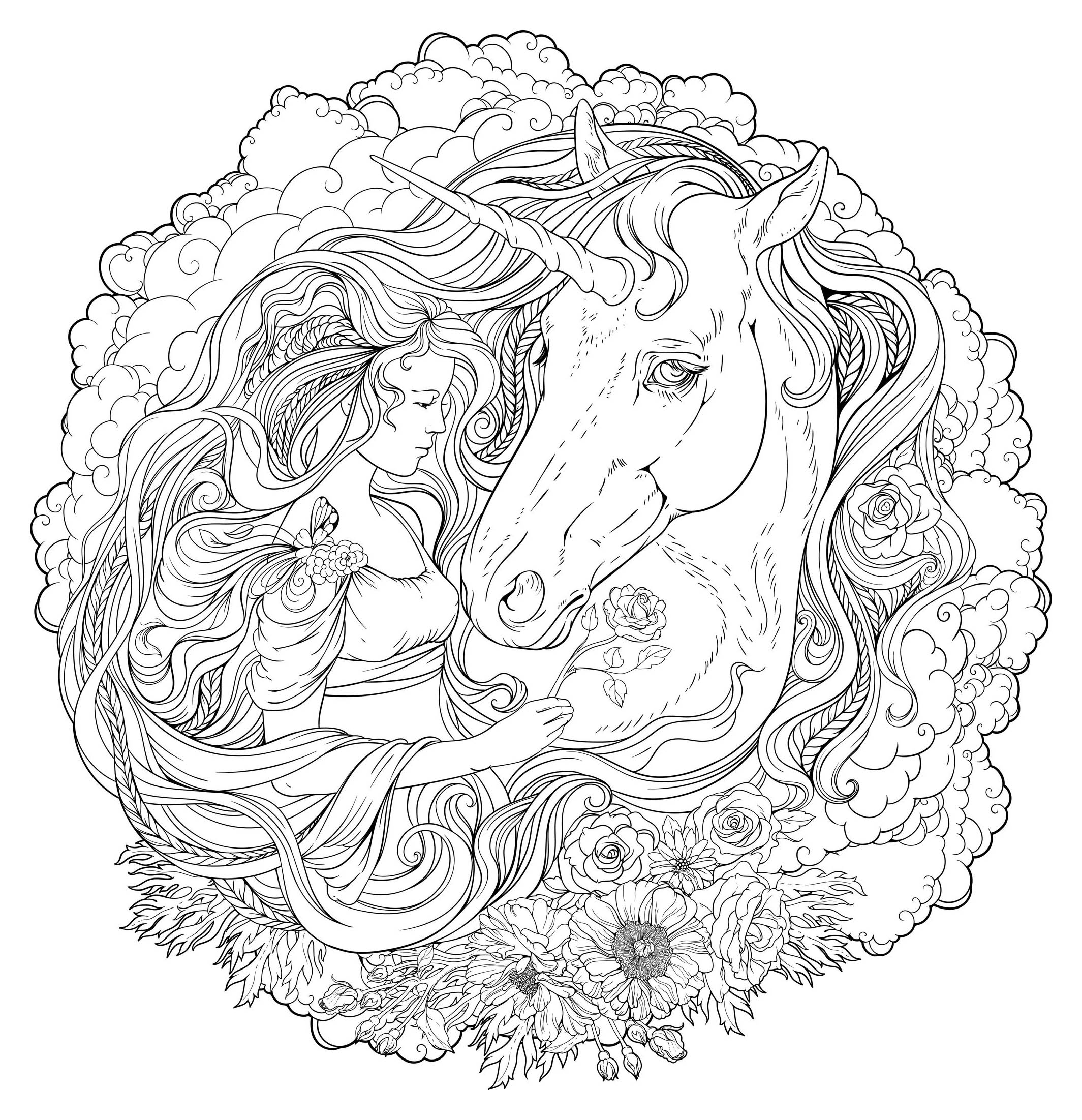 Unicorn And Girl In The Clouds - Mandalas With Characters encequiconcerne Mandala Fée