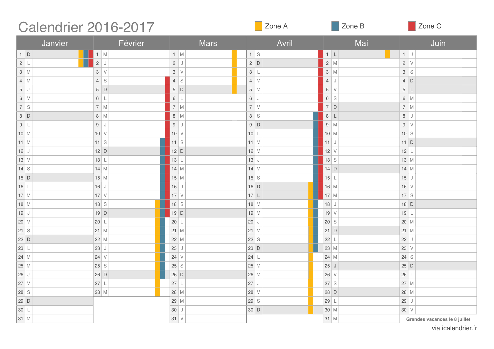Vacances Scolaires 2016-2017 - Dates - Icalendrier tout Calendrier 2017 À Imprimer Avec Vacances Scolaires