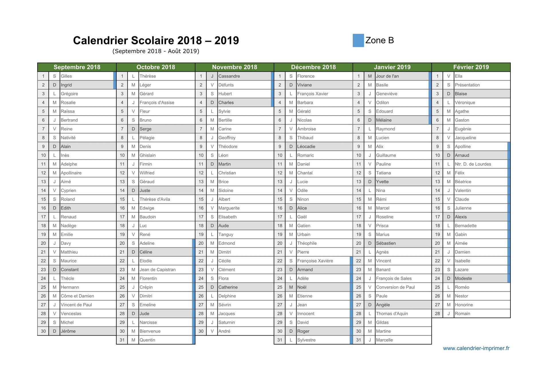 Vacances Scolaires 2018-2019 Zone B tout Calendrier 2018 À Imprimer Avec Vacances Scolaires