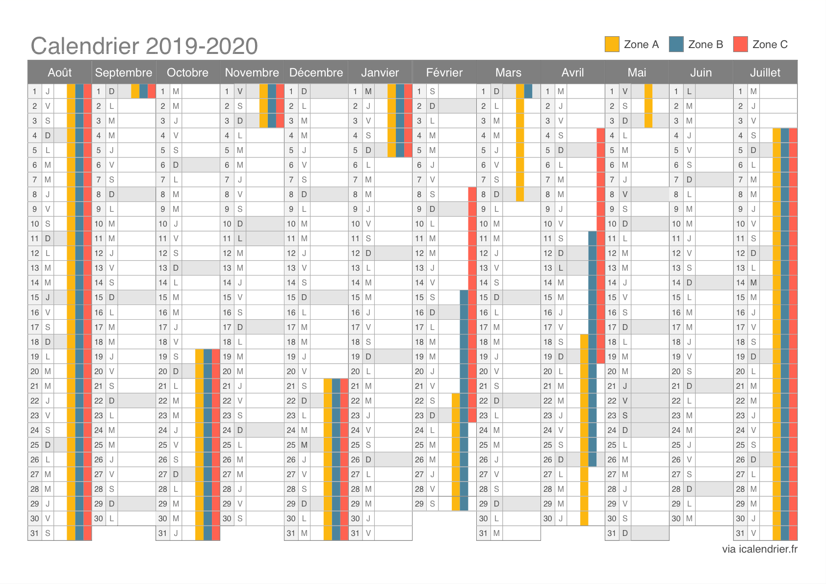 Vacances Scolaires 2019-2020 - Dates - Icalendrier encequiconcerne Calendrier 2019 Avec Semaine