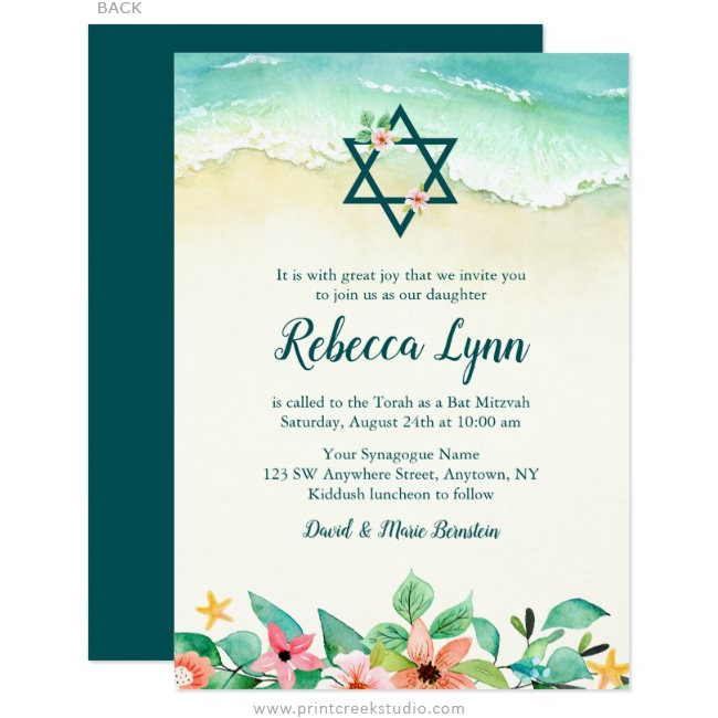 Watercolor Floral Beach Bat Mitzvah Invitations - Print concernant Carte Invitation Bat Mitzvah