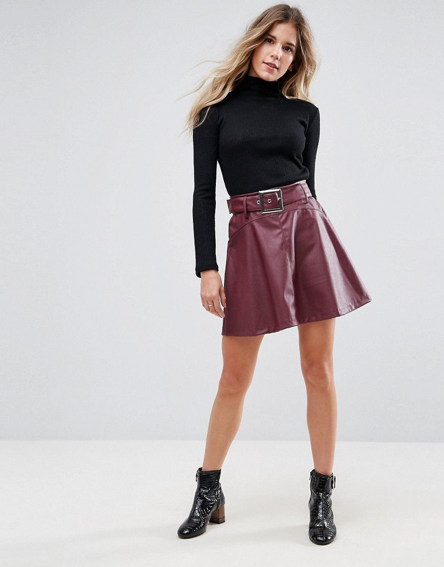 Asos Leather Look Mini Skater Skirt With Belt Detail - Red concernant Leather Skater Skirt
