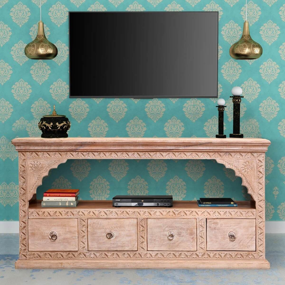 Stotfold Shabby Chic Reclaimed Wood 4 Drawer Media Tv Stand encequiconcerne Shabby Chic Tv Stand