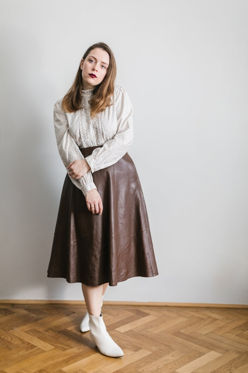 Vintage 80&amp;#039;S Brown Leather Skirt Vintage Leather Midi | Etsy dedans Vintage Skjørt