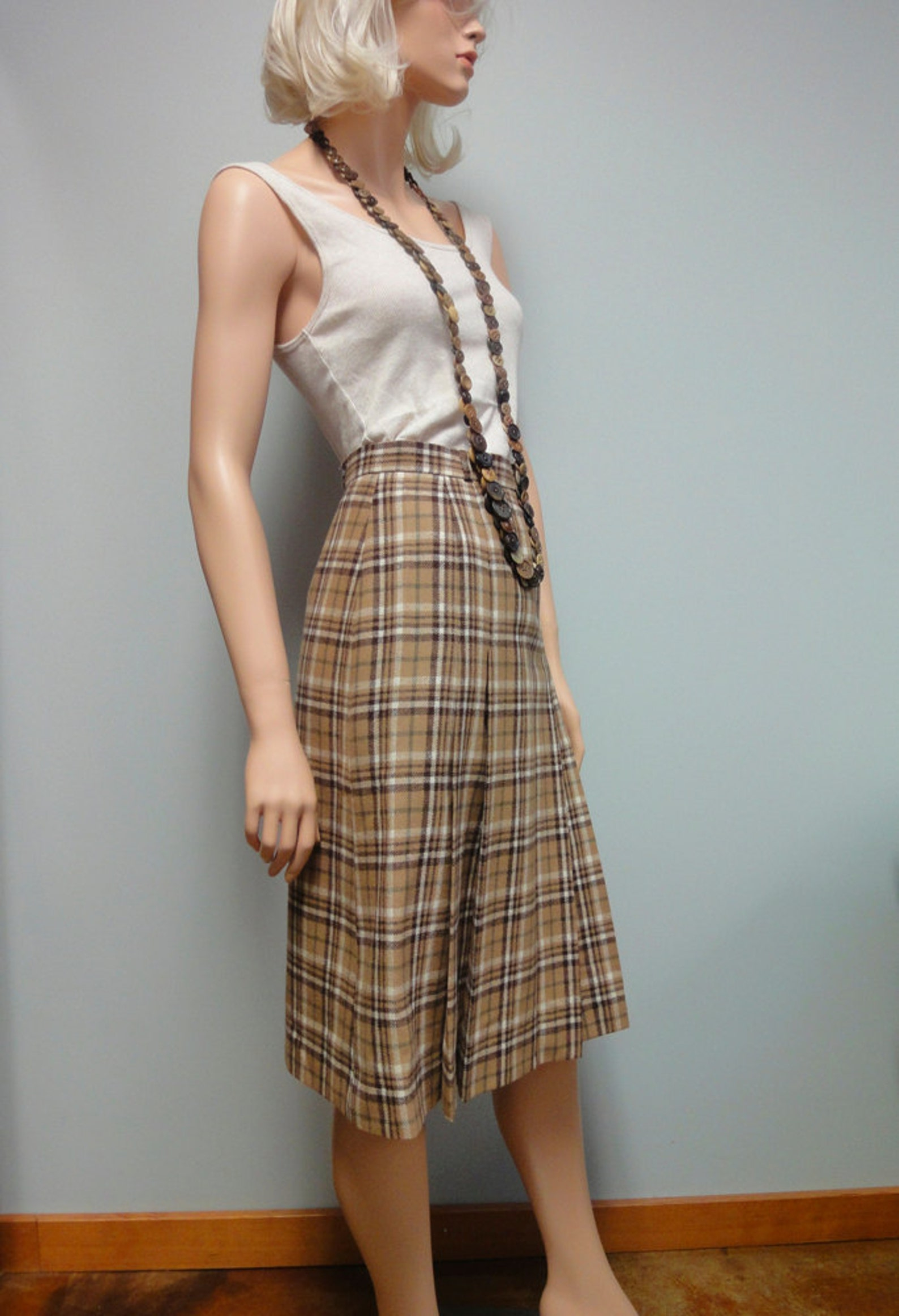 Vintage Camel Tan Plaid Skirt 70S 80S Tartan Pleated Wool intérieur Vintage Skjørt