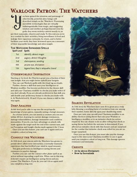 Warlock Patron: The Watchers, 1St Ua Draft pour Ua Classes 5E