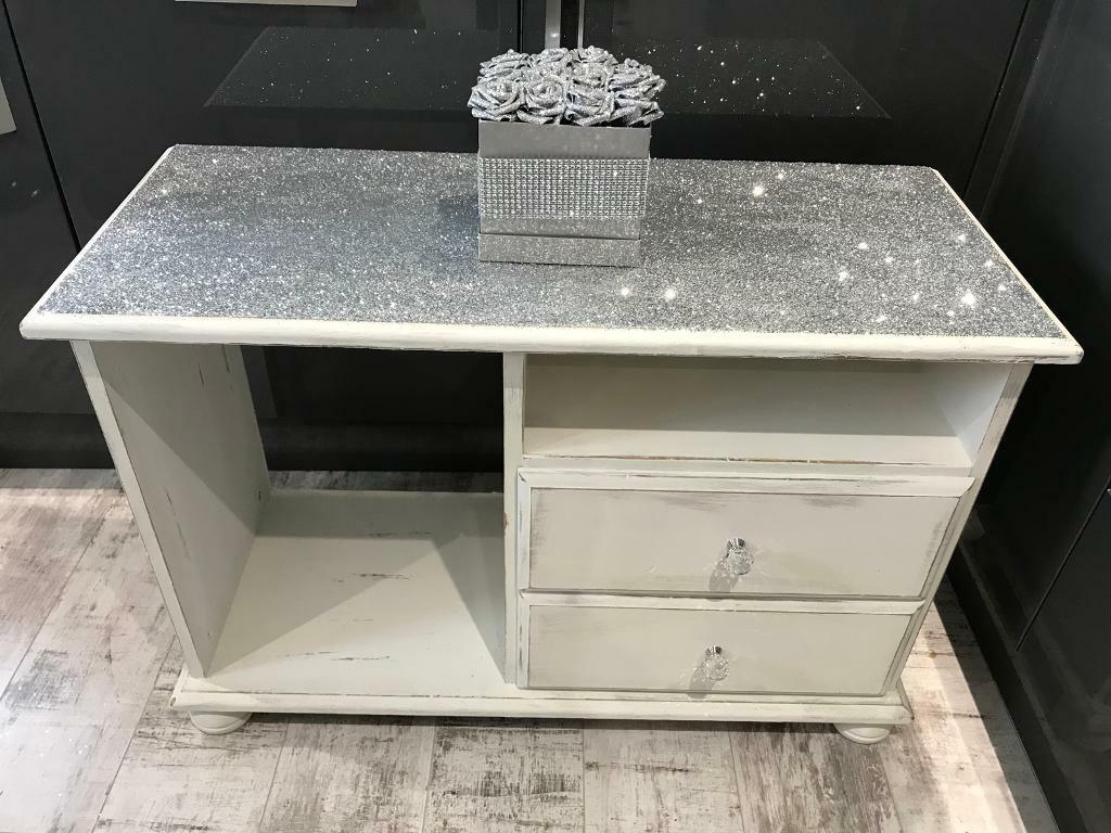 White Shabby Chic Glitter Topped Tv Stand/ Tv Cabinet With concernant Shabby Chic Tv Stand