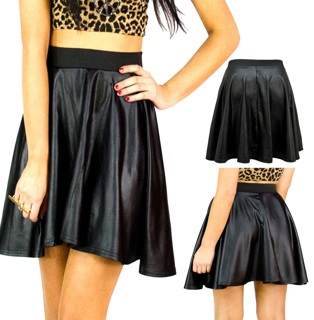 Womens Faux Leather Wet Look Flared Mini Skirt Ladies avec Leather Skater Skirt