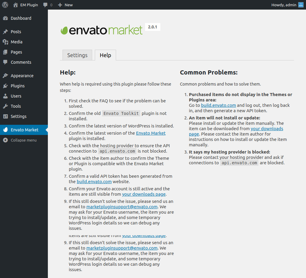 Envato Market WordPress Plugin avec Envato Market