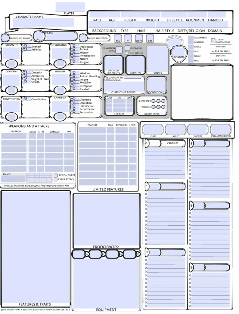 D&amp;D Small Character Sheet Npc Sheet 1 Page Printable | Etsy à D&amp;amp;D 5E Character Sheet Pdf Download