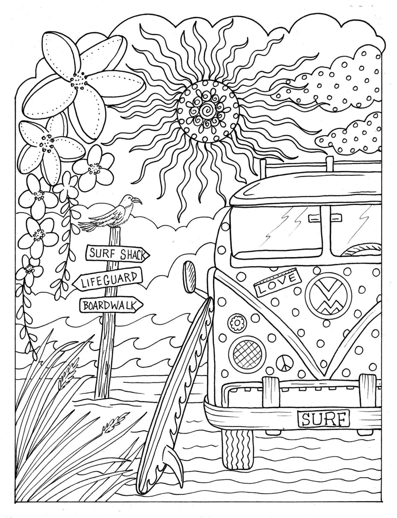 5 Pages Beachy Escape Coloring Digital Color Pages Shells destiné Coloriage Dessin Surf