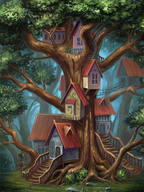 5D Diamond Painting Tree Houses Kit - | Paysage Magnifique avec Dessin 5D