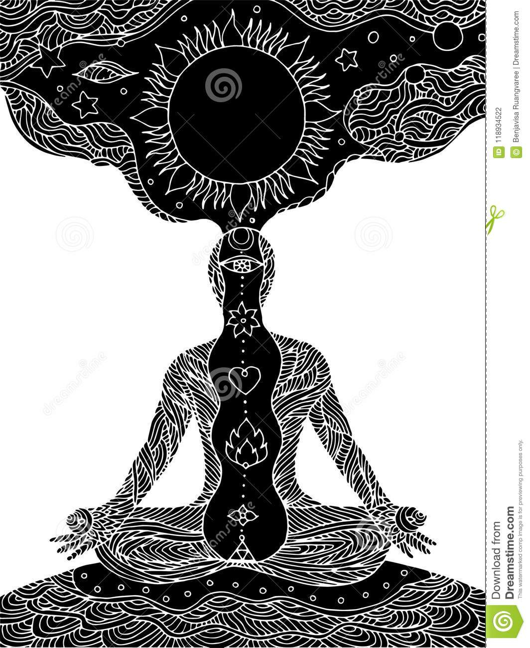 7 Chakra Lotus Pose Yoga, Vector Doodle Hand Drawing Sun dedans Dessin 7 Chakras