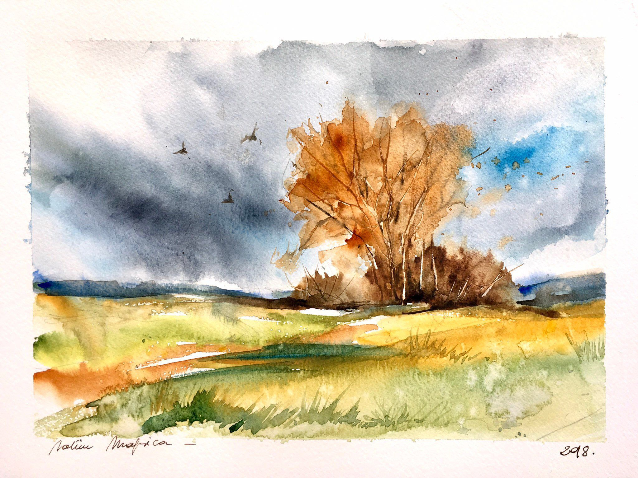 Aquarelle Peinture Originale Paysage En Automne Meadows serapportantà Dessin En Paysage