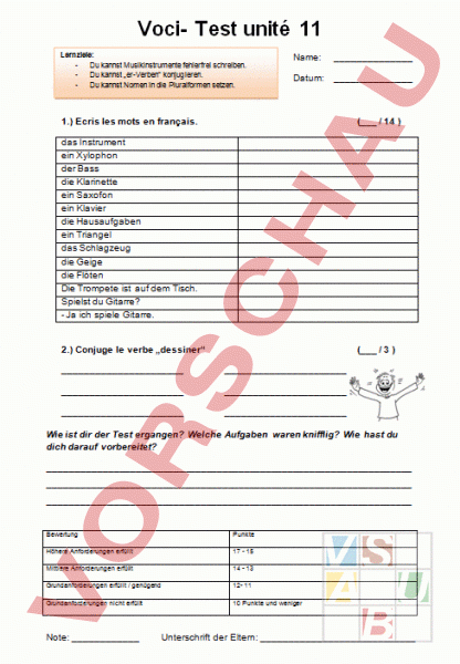 Arbeitsblatt: Vocitest Unité11/1 - Französisch - Grammatik pour Dessiner Konjugieren