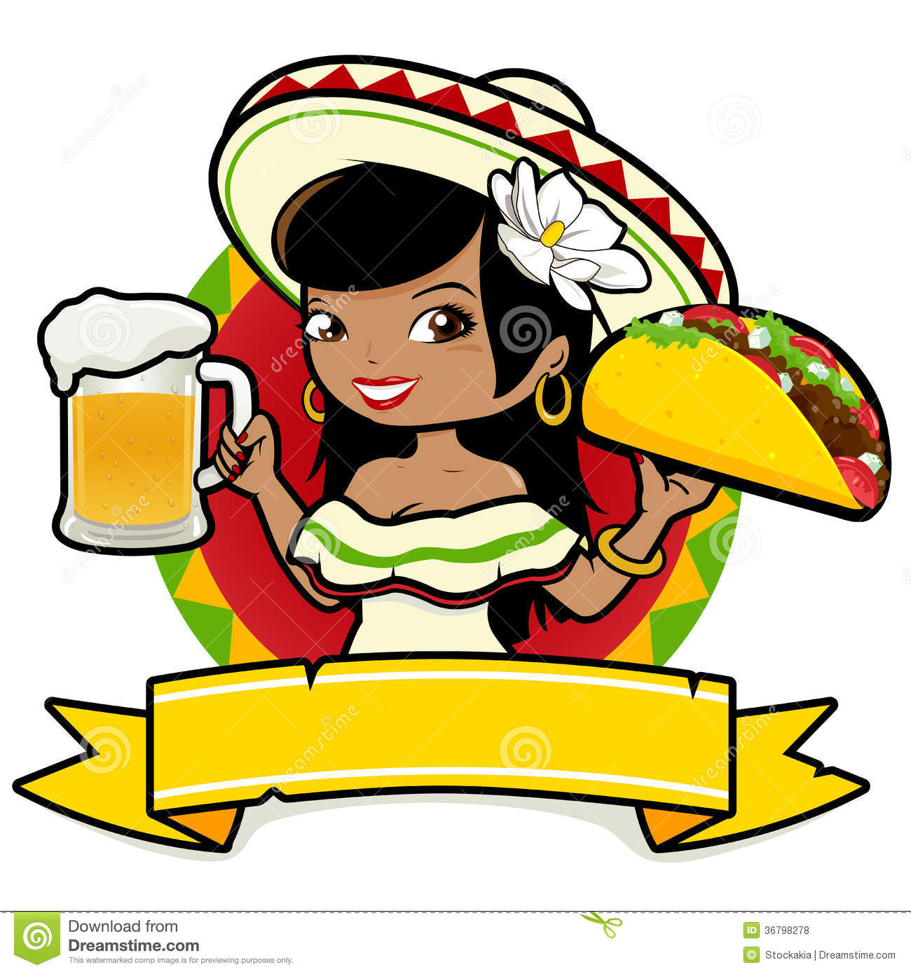 Camarera Mexicana De La Mujer Que Sostiene La Cerveza Y El serapportantà O&amp;#039;Tacos Dessin