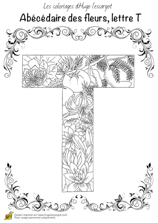 Coloriage Abecedaire Belles Fleurs A Lettre T | Coloriage avec Lettre T Dessin