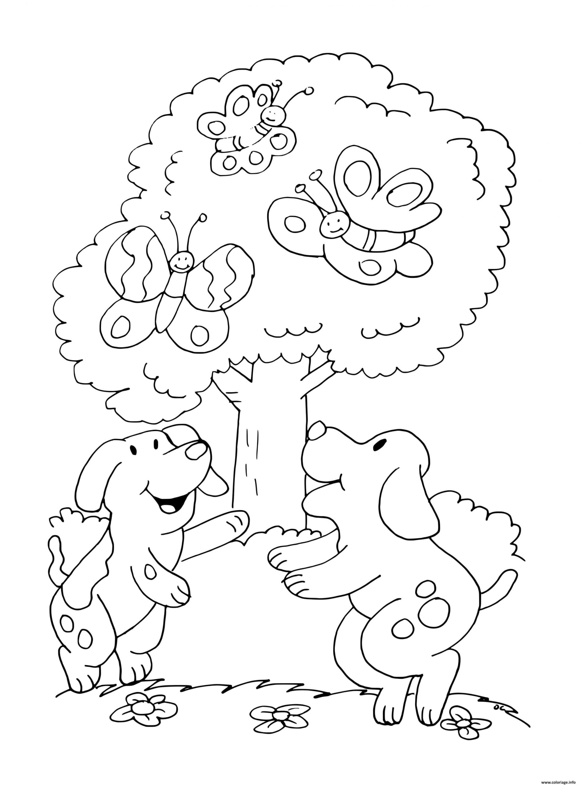 Coloriage Chiens Dans Le Jardin Pres Dun Arbre Autour De pour Coloriage Jardin