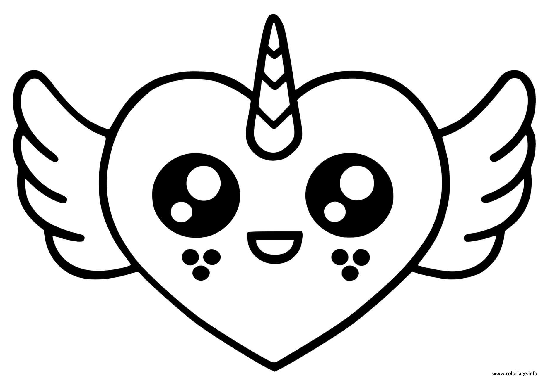 Coloriage Coeur Licorne Avec Des Ailes Kawaii Dessin concernant Coloriage Coeur,