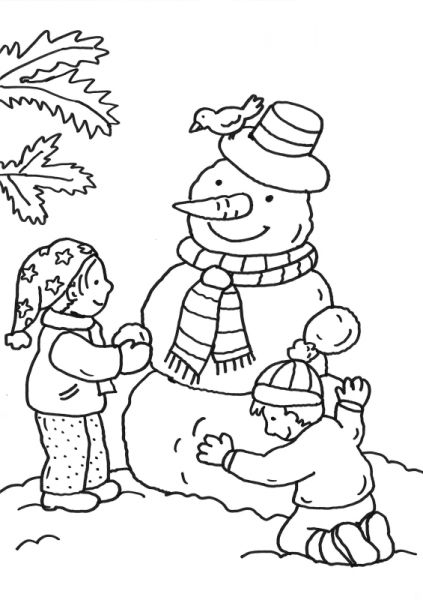 Coloriage D&amp;#039;Hiver : Enfants Fabriquant Bonhomme De Neige encequiconcerne Dessiner L&amp;#039;Hiver,