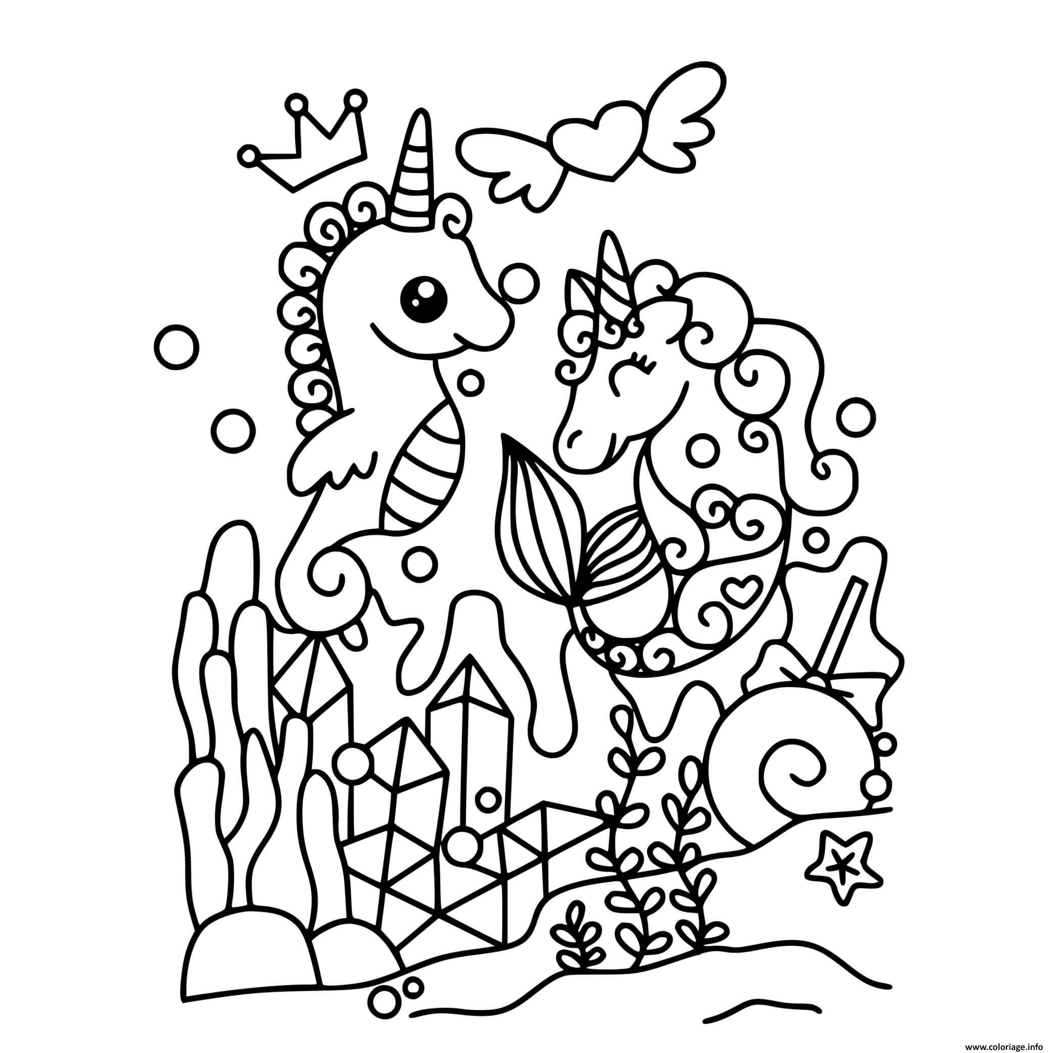 Coloriage Hyppocornes De Mer Licorne Kawaii Dessin Licorne destiné Coloriage Kawaii Animaux