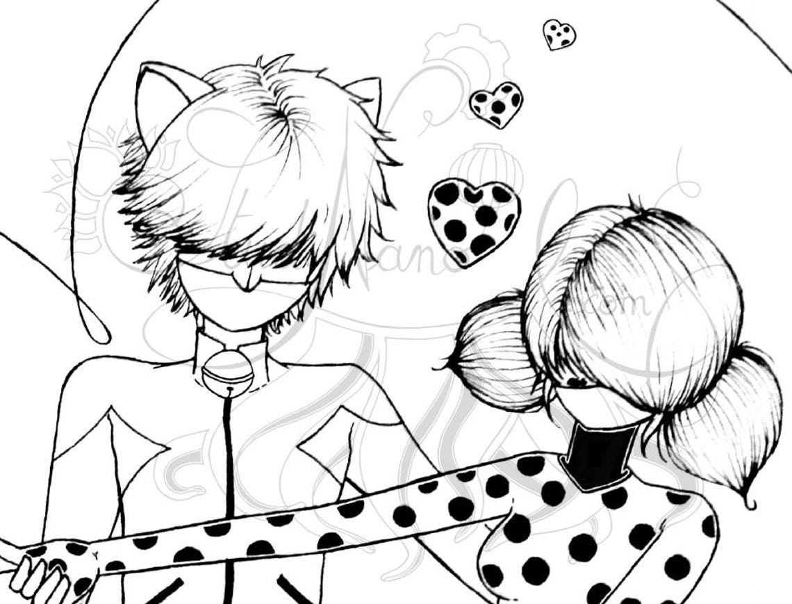 Coloriage Ladybug Et Chat Noir Line Art Illustration | Etsy intérieur Coloriage Ladybug,