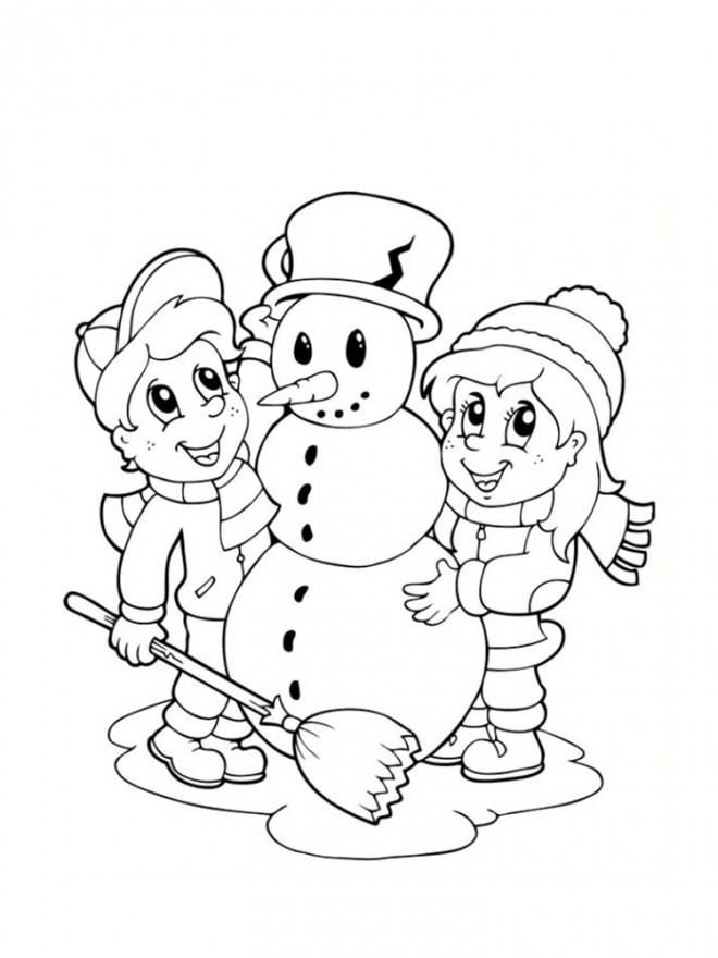 Coloriage Les Enfants Décorent Le Bonhomme De Neige pour Un Coloriage De