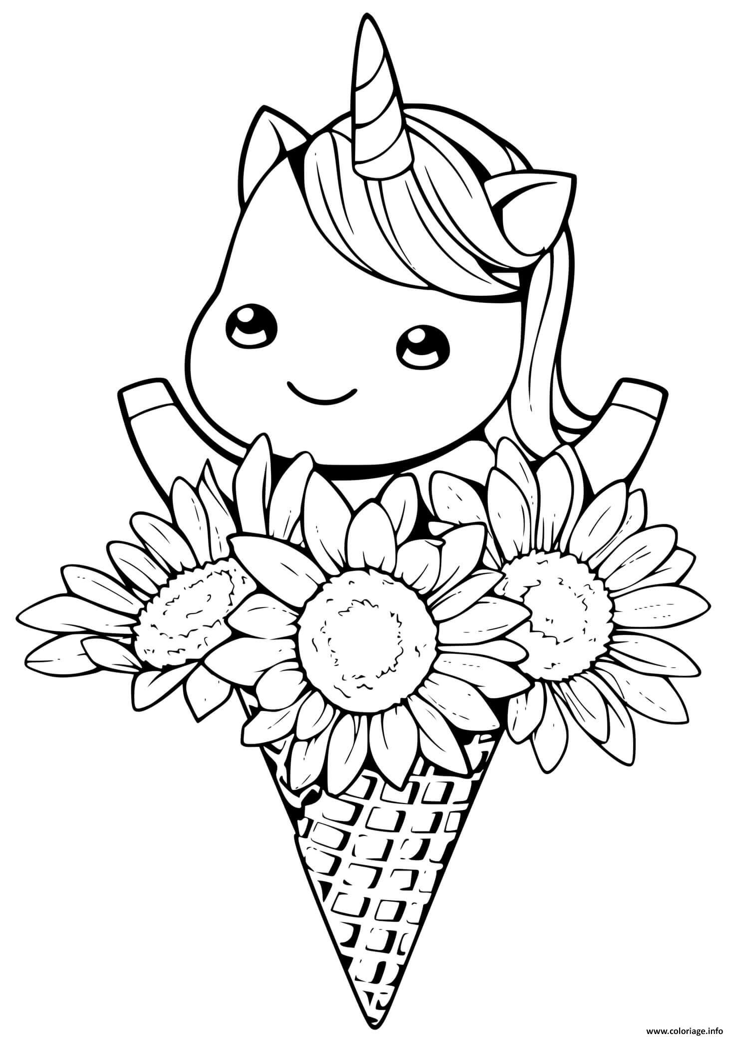 Coloriage Licorne Kawaii Cone Fleurs Dessin Licorne Kawaii tout A Dessiner Licorne