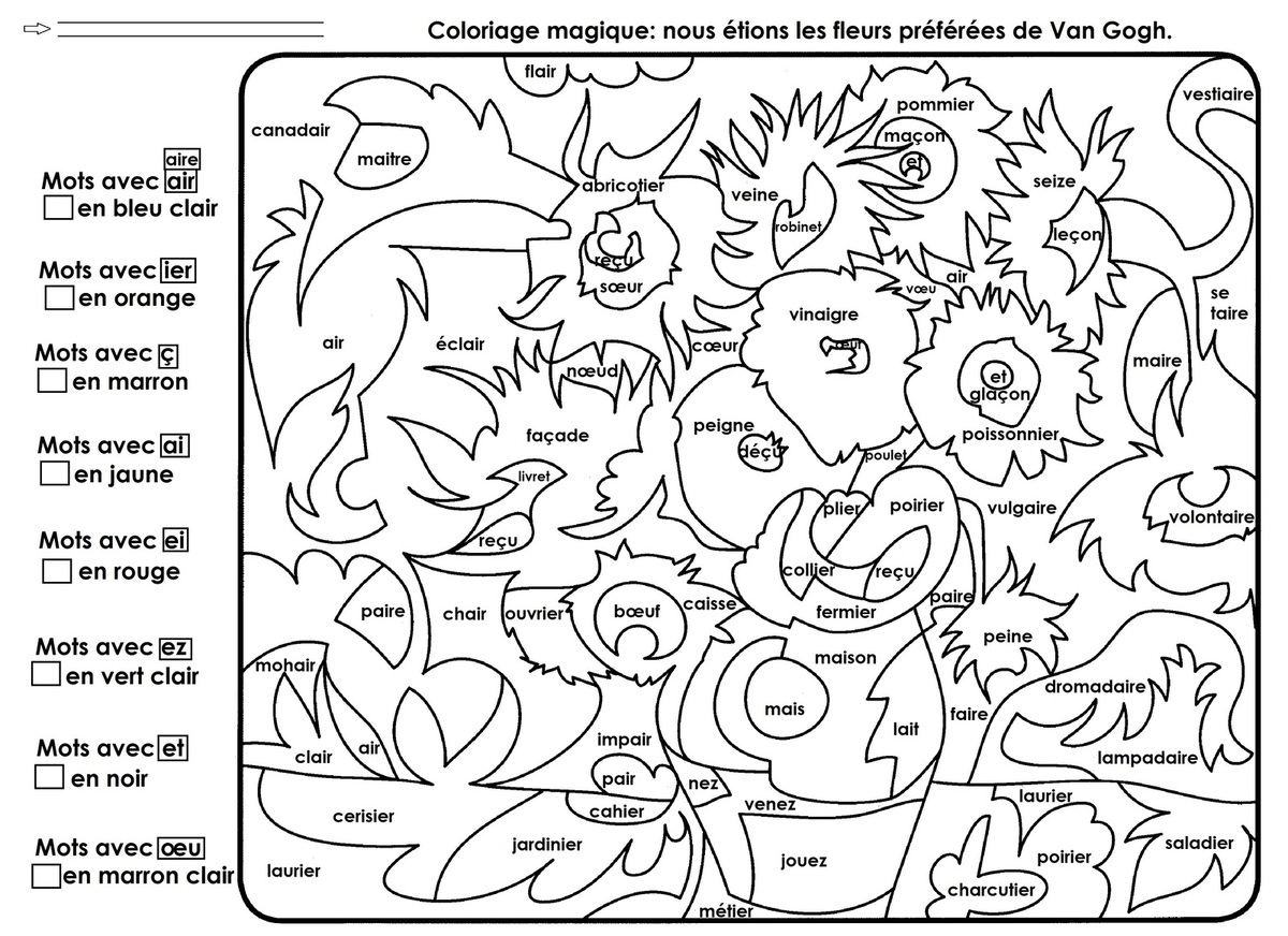 Coloriage Magique Cp Ce1, Les Tournesols De Van Gogh encequiconcerne Coloriage Magique Son O