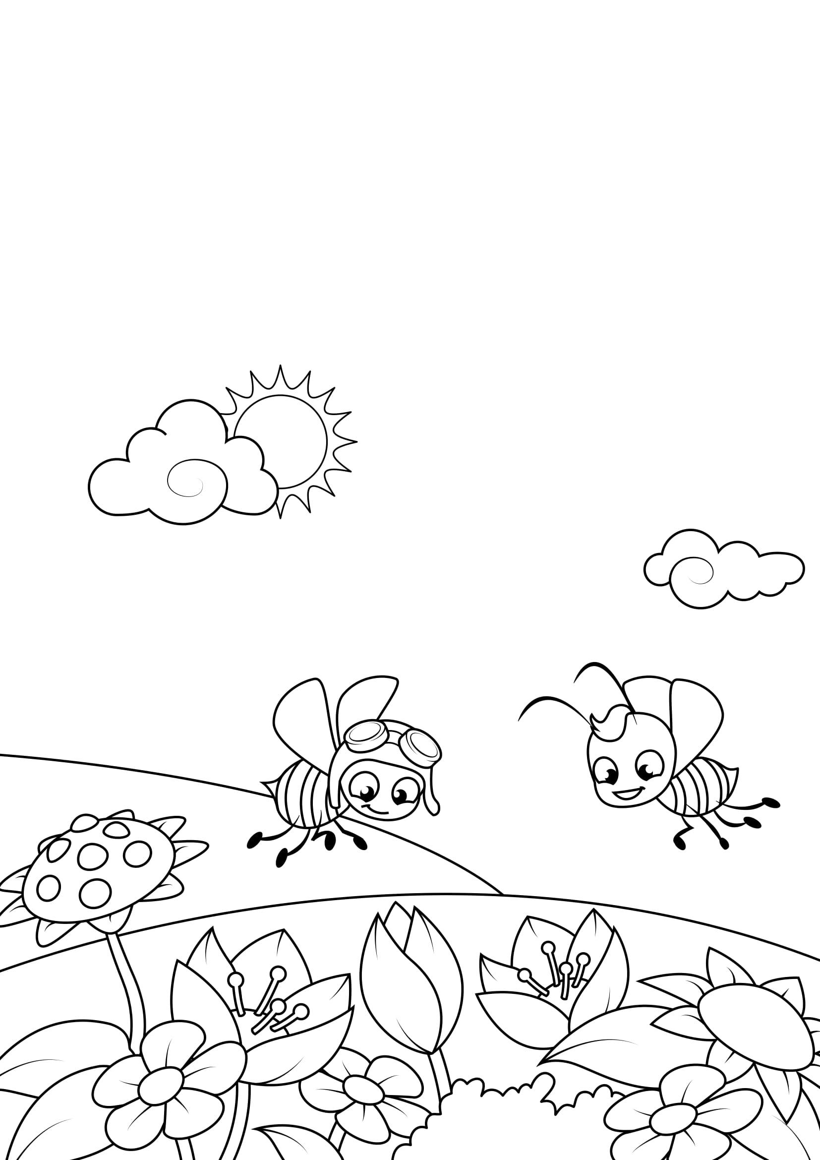 Coloriage Printemps, Abeilles Dans Le Jardin - Coloriages concernant Coloriage Jardin