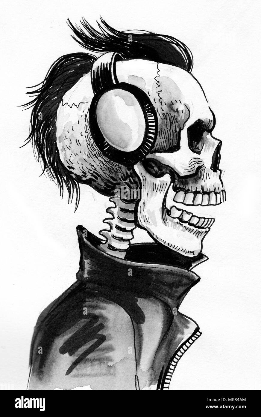 Cool Squelette En Veste En Cuir Et Un Casque. Dessin Noir à Y En Dessin