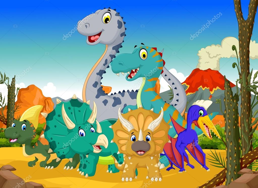 Dessin Animé Drôle De Dinosaure Avec Fond Paysage Volcan à Dessin Animé Dinosaure,