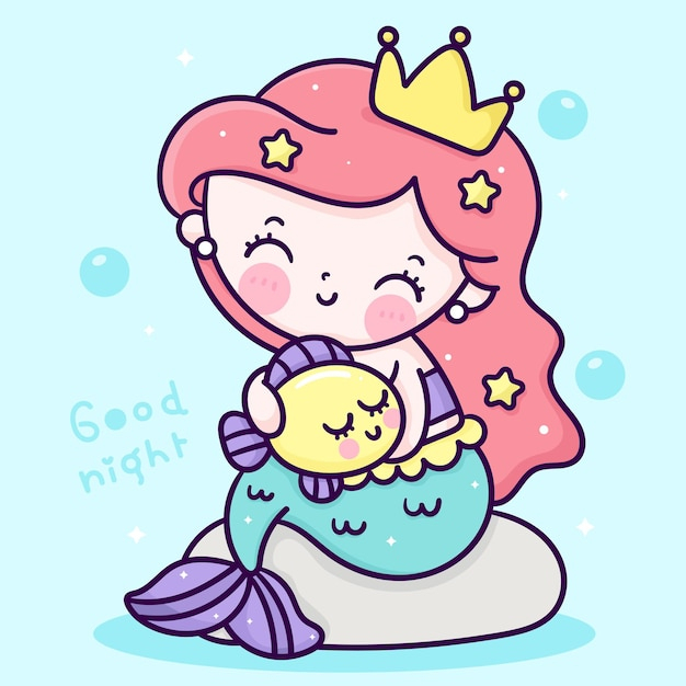 Dessin Animé Mignon Princesse Sirène Câlin Petit Poisson destiné Dessin Kawaii Sirène,