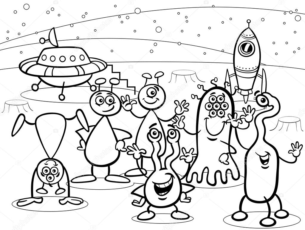 Dibujos Animados Ufo Aliens Grupo Para Colorear Libro à Coloriage Alpha Y