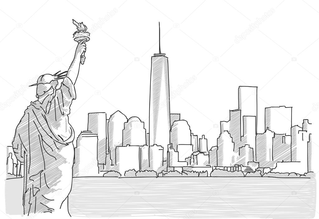 Entwurf Der Skyline Von New York Mit Freiheitsstatue serapportantà Coloriage Dessin New York