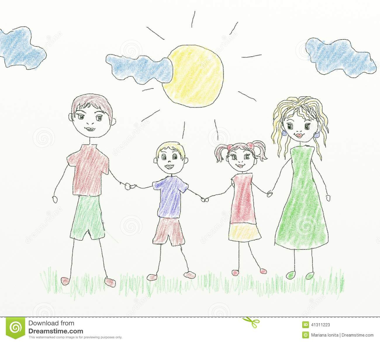 Famille Heureuse - Dessin D&amp;#039;Enfants Illustration Stock avec Famille De 5 Dessin