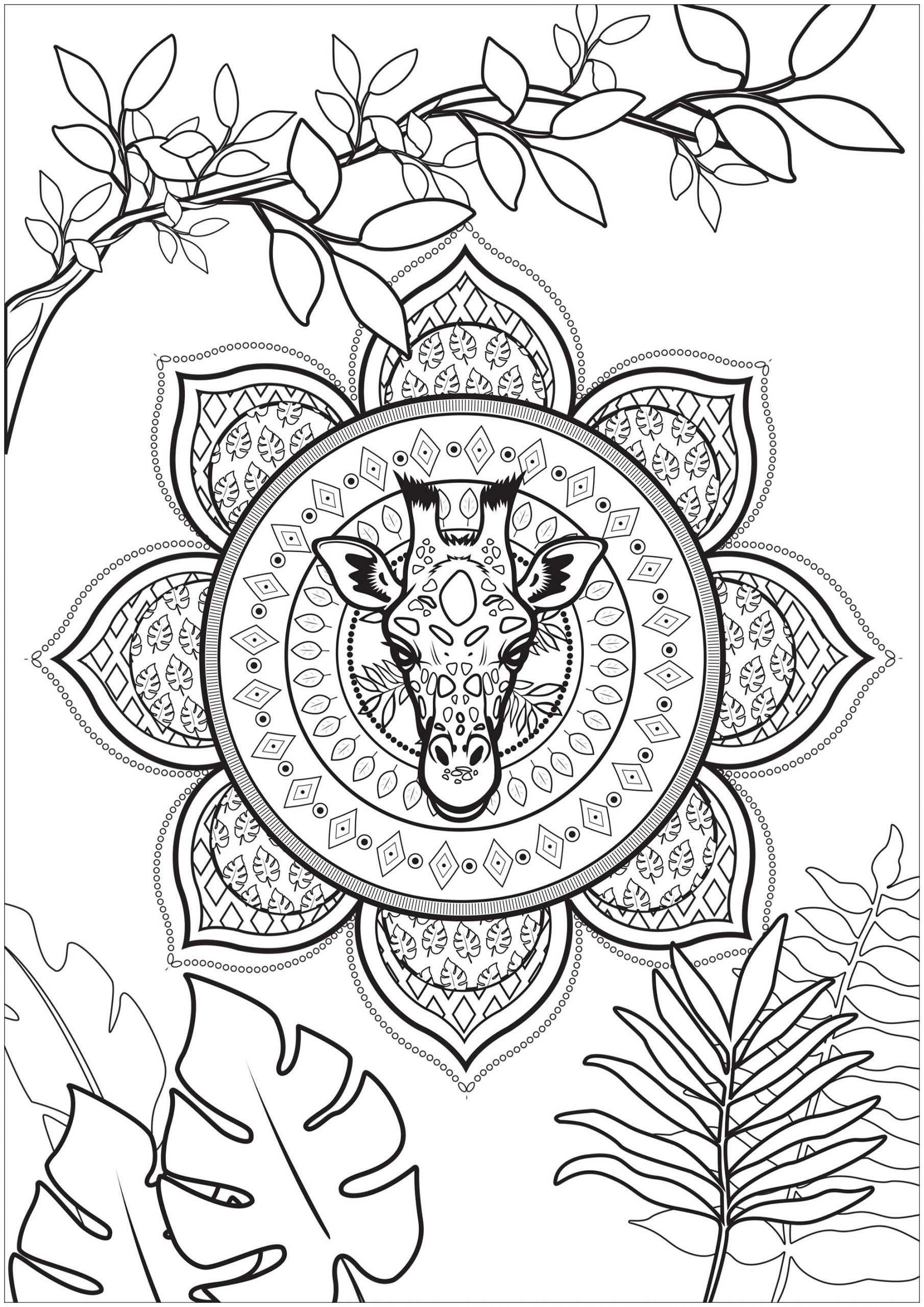 Giraffe Embedded In A Tropical Mandala - Giraffes Adult à Coloriage Nature