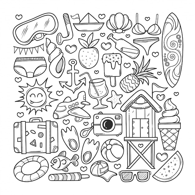 Icônes D&amp;#039;Été Coloriage Doodle Dessiné À La Main | Vecteur à Dessin Coloriage Été