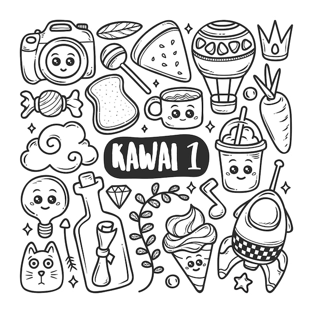 Icônes Kawaii Doodle Dessiné Main Coloriage | Vecteur Premium avec Coloriage Kawaii Animaux