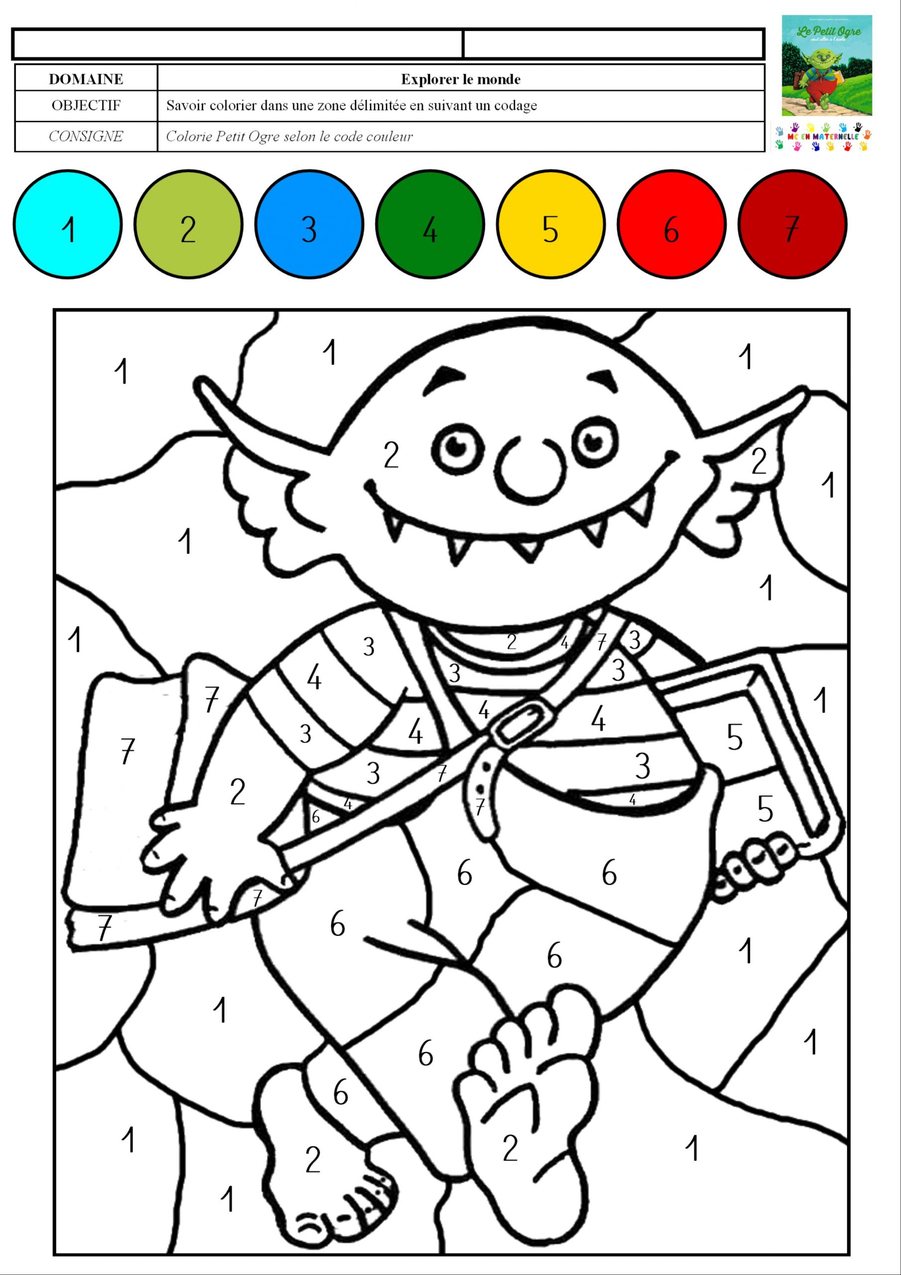 Le Petit Ogre Veut Aller À L&amp;#039;École : Coloriage Magique pour Chiffre 1 Coloriage