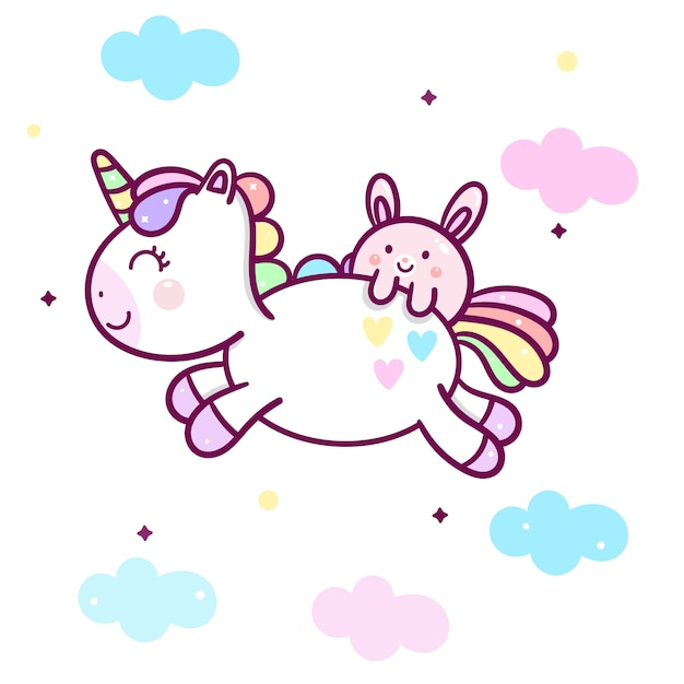 Licorne Kawaii Avec Dessin Animé De Lapin | Vecteur Premium tout Dessin Kawaii Licorne