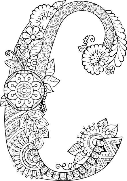 Livre De Coloriage Pour Adultes. Lettre De Doodle Floral C serapportantà C Dessin Lettre