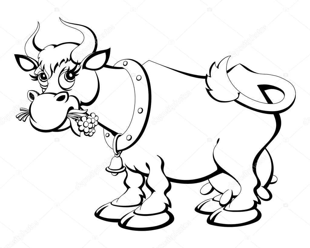 Livre De Coloriage. Vache Cartoon Mâcher L'Herbe. — Image à Coloriage Dessin Vache