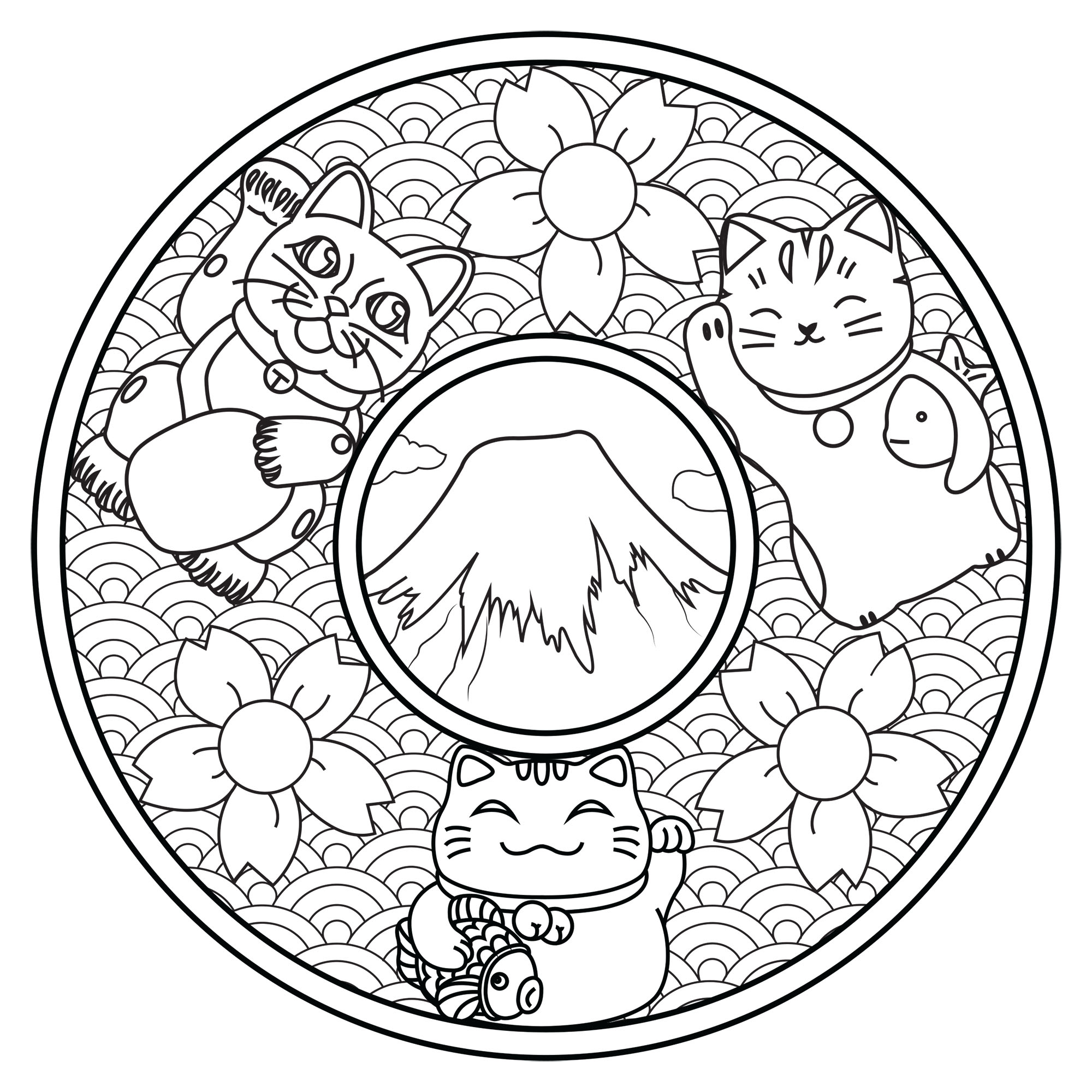 Mandala Avec Trois Maneki Neko - Mandalas - Coloriages intérieur Coloriage Japonais,
