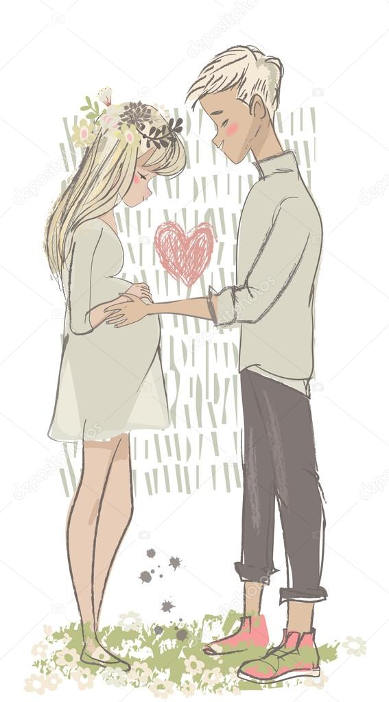 Mignon Couple De Dessin Animé Avec Femme Enceinte Image concernant Dessin En Couple