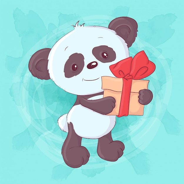 Panda Mignon De Bande Dessinée Avec Un Cadeau Et Un Arc tout Dessin Panda